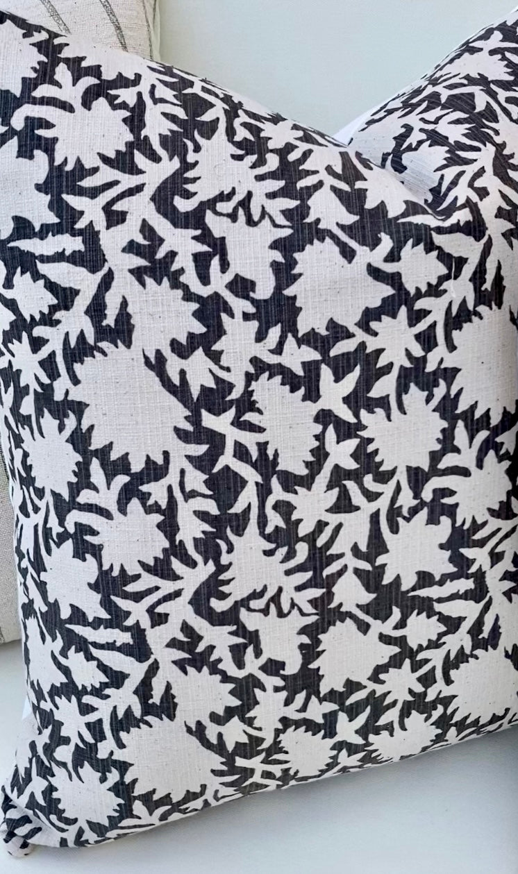 Nantucket Dark Gray / Charcoal Floral Block Print Pillow Cover