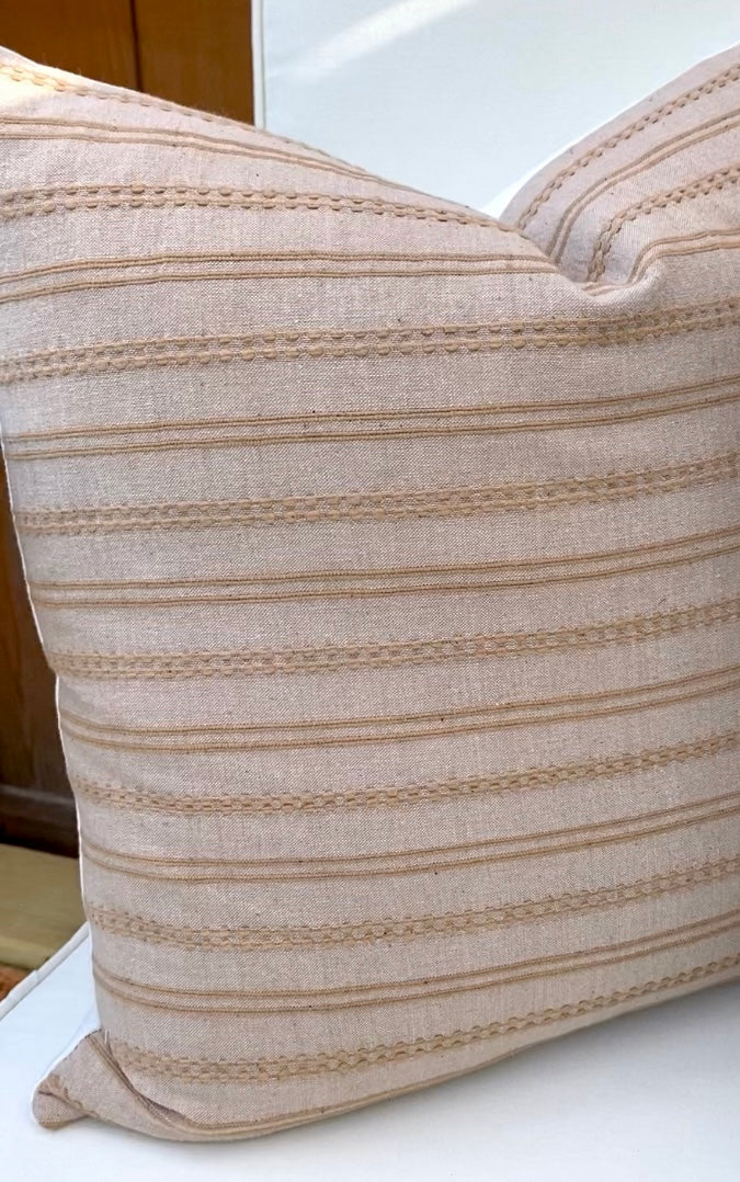 Ann Tan / Beige with Vintage Gold Thread Stripe Woven Pillow Cover