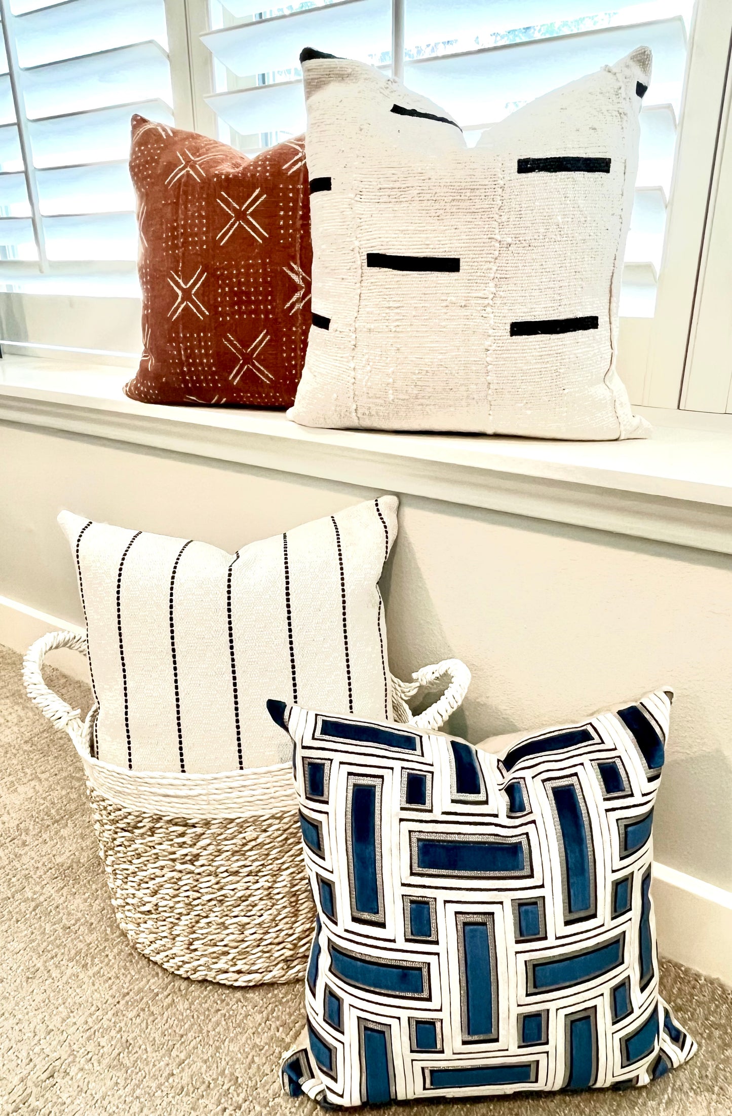 Mina White with Black Dashes African Mud Cloth Pillow Cover, Authentic Malian Mudcloth