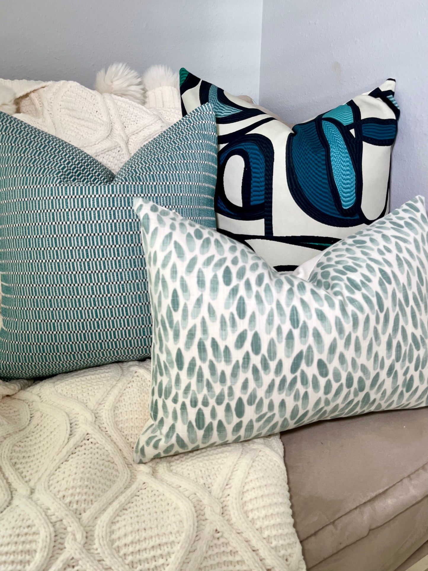 Rayne Aqua and White Dots / Petal Throw Pillow