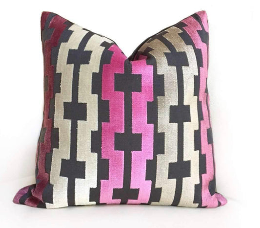 Belle Magenta Pink, Taupe, Cream, Black Velvet Geometric Pillow Cover