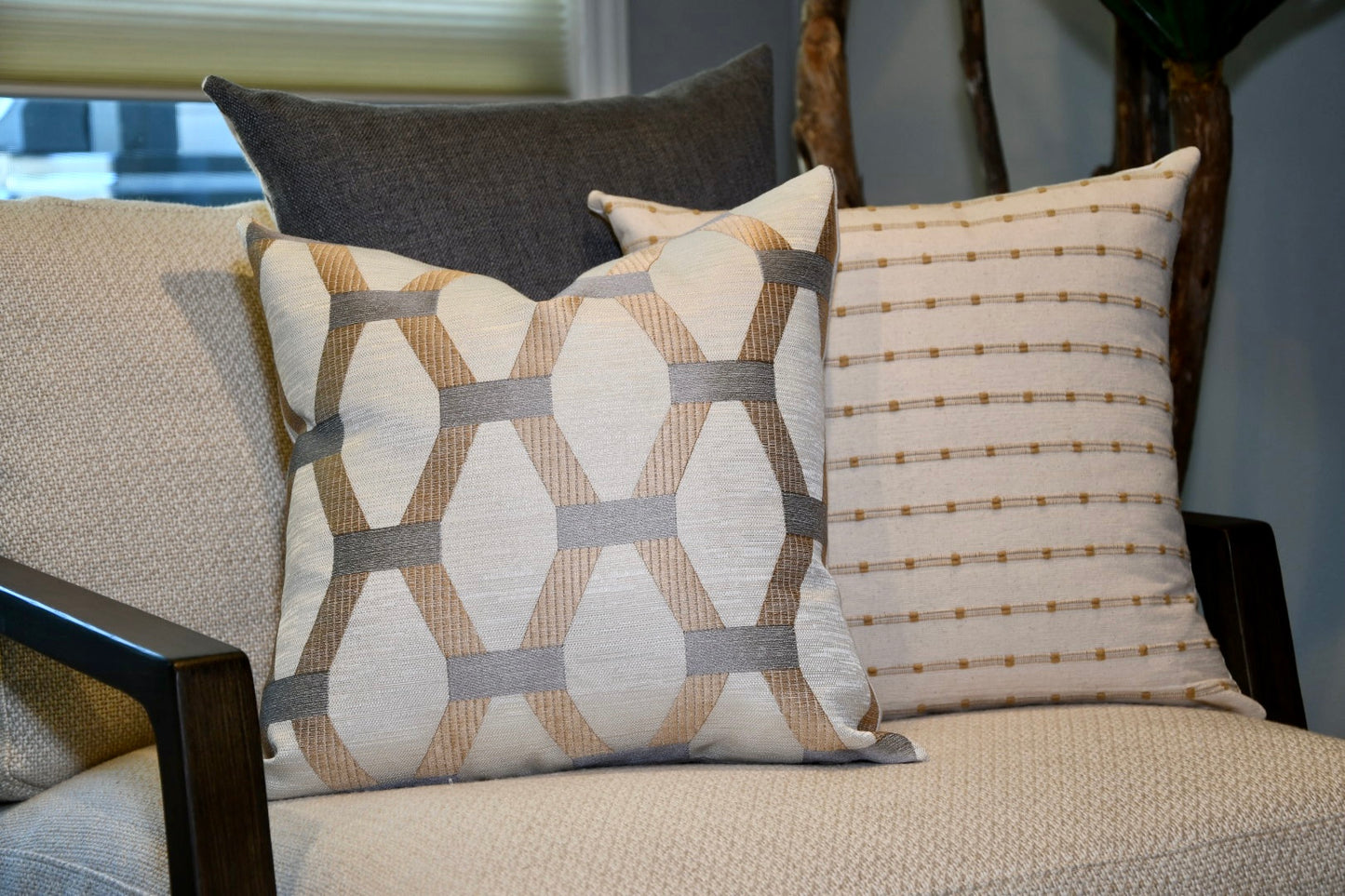 Algarve Gold and Silver Embroidered Pillow Cover - Metallic Hexagon Throw Pillow