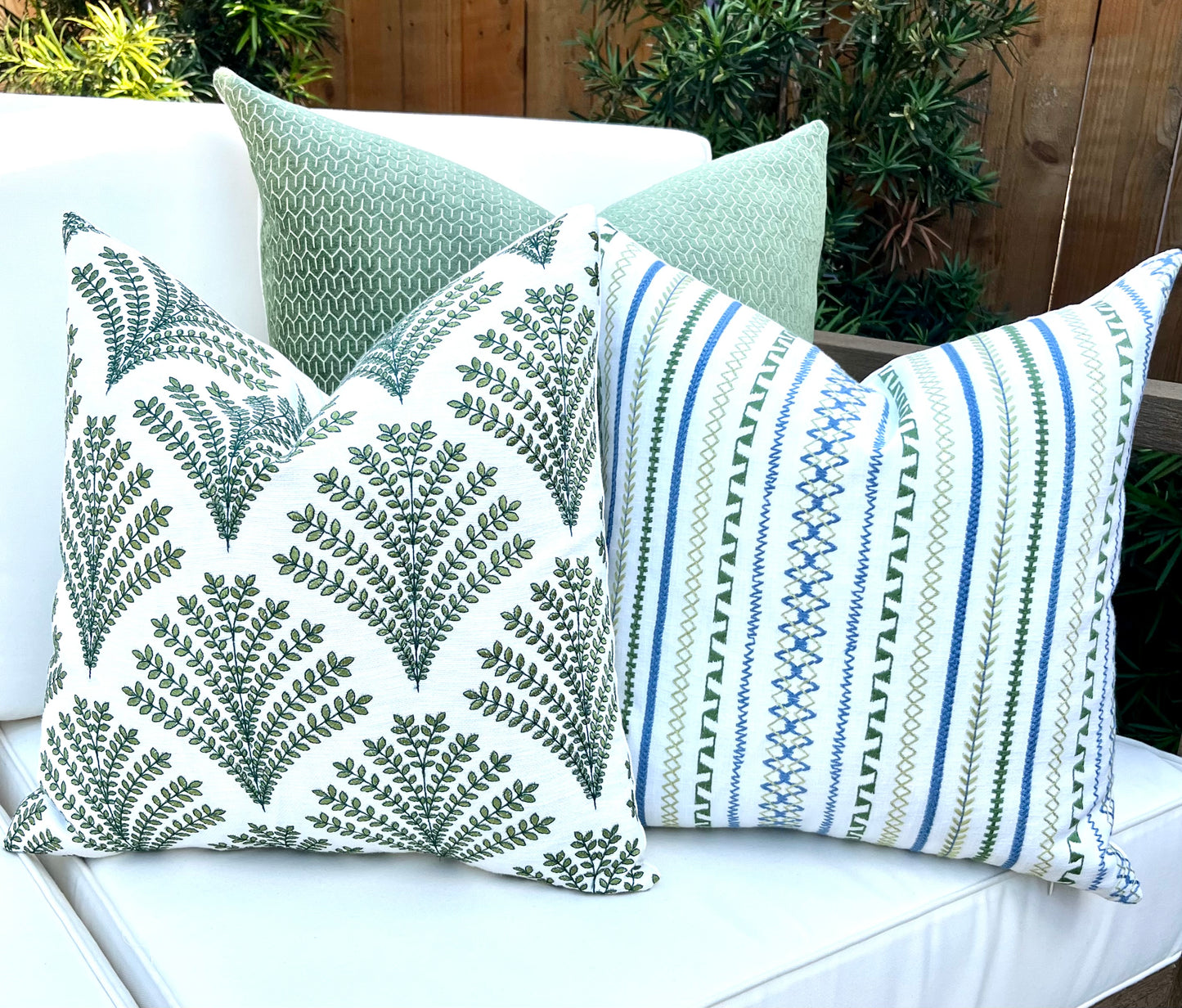 Olivia Green and White Fern Embroidered Throw Pillow Covers
