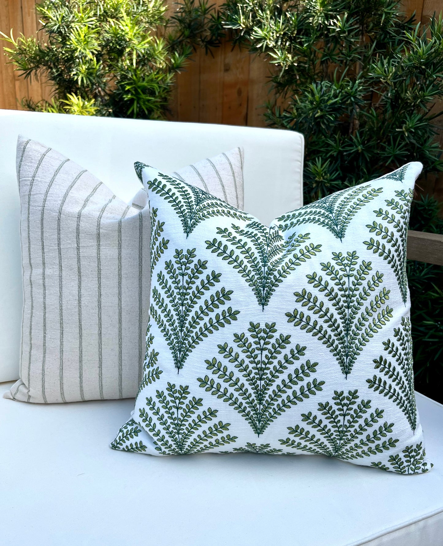Olivia Green and White Fern Embroidered Throw Pillow Covers