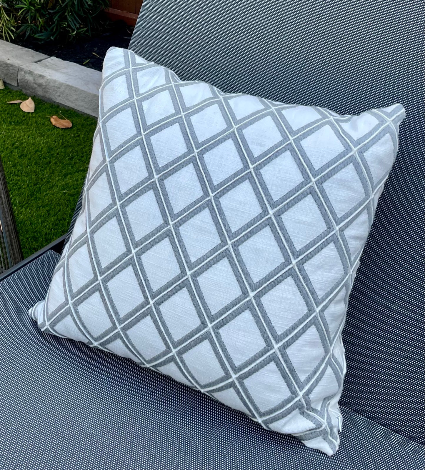 New Haven Grey and White Embroidered Geometric Pillow Cover