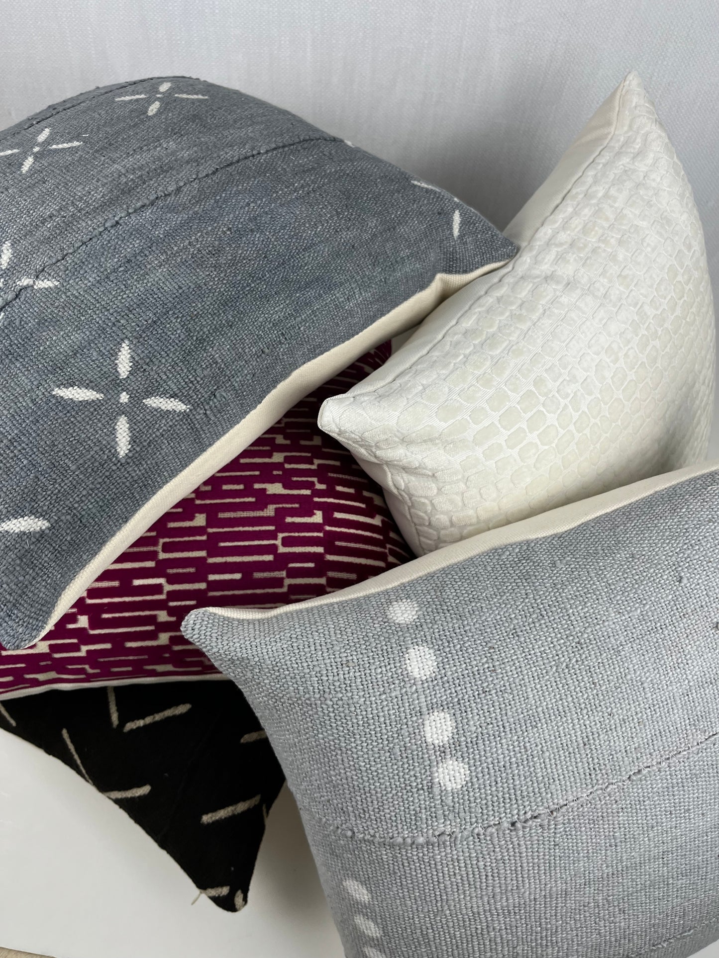 Adeline Grey Blue Mudcloth Pillow Cover: White Polka Dots