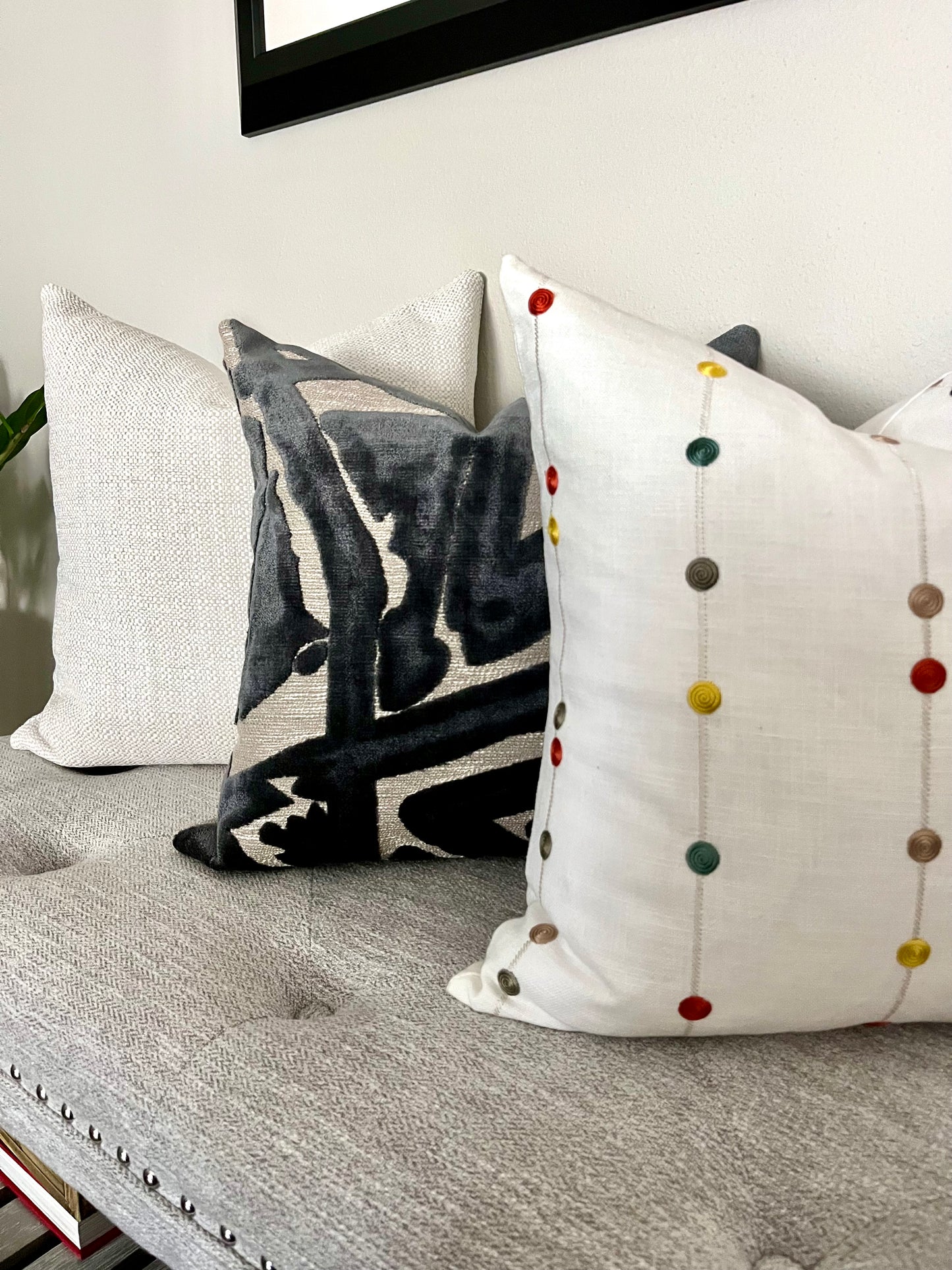 Kenley White Decorative Pillow Cover with Colorful Embroidered Stripes and Dots