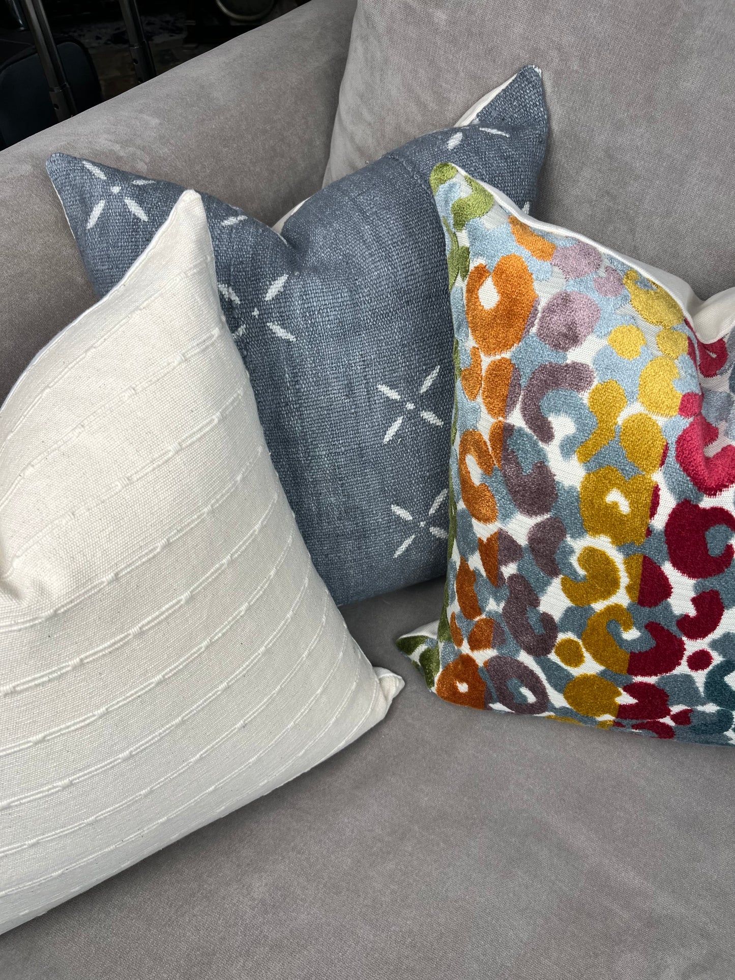 Maya Grey Blue Mudcloth Pillow Cover, Abstract White X Accents