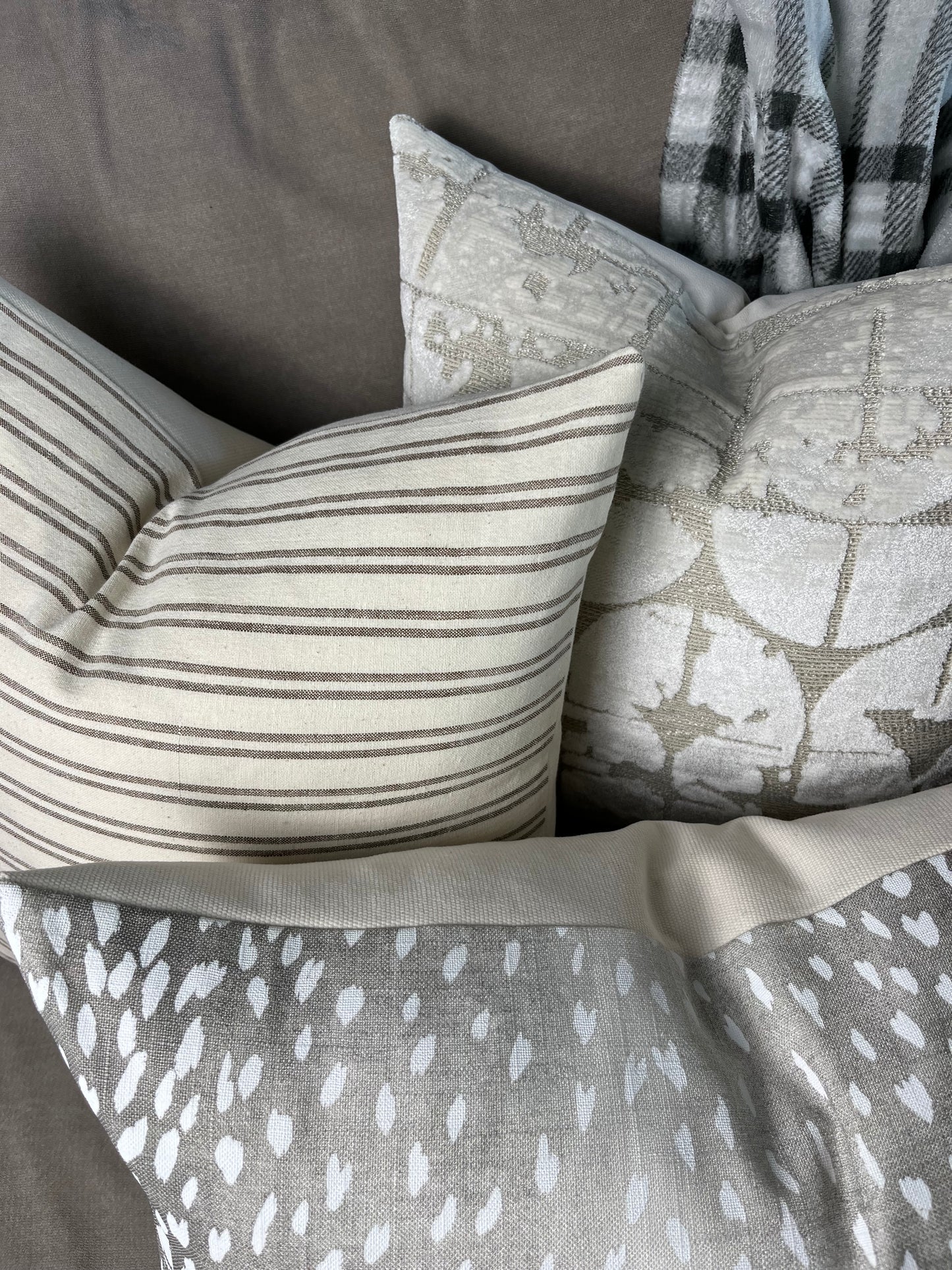 Luna Cream and Beige Velvet Pillow Cover - Ivory Abstract Decorative Pillow