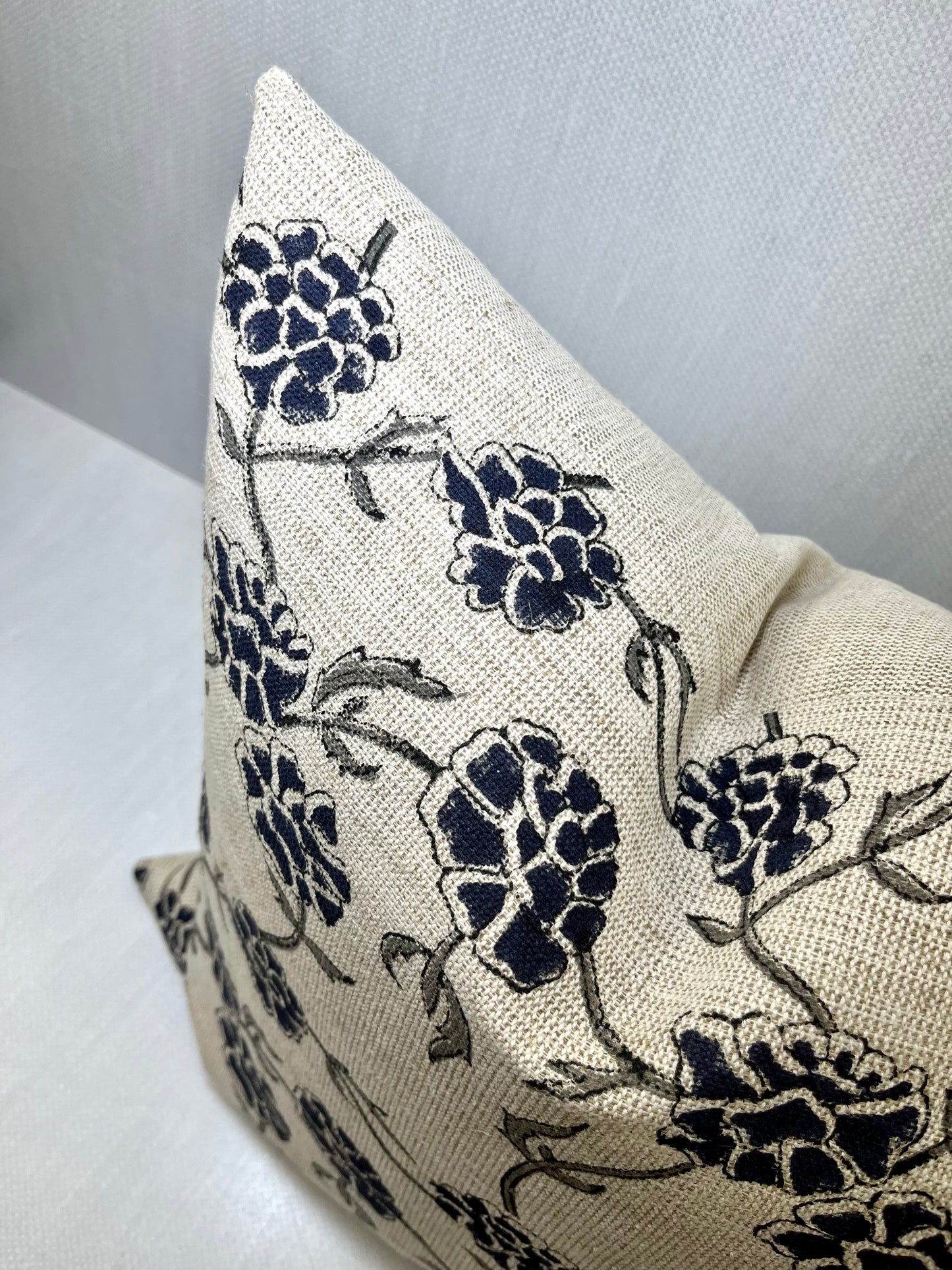 Ava Black Floral Block Print Linen Pillow Cover