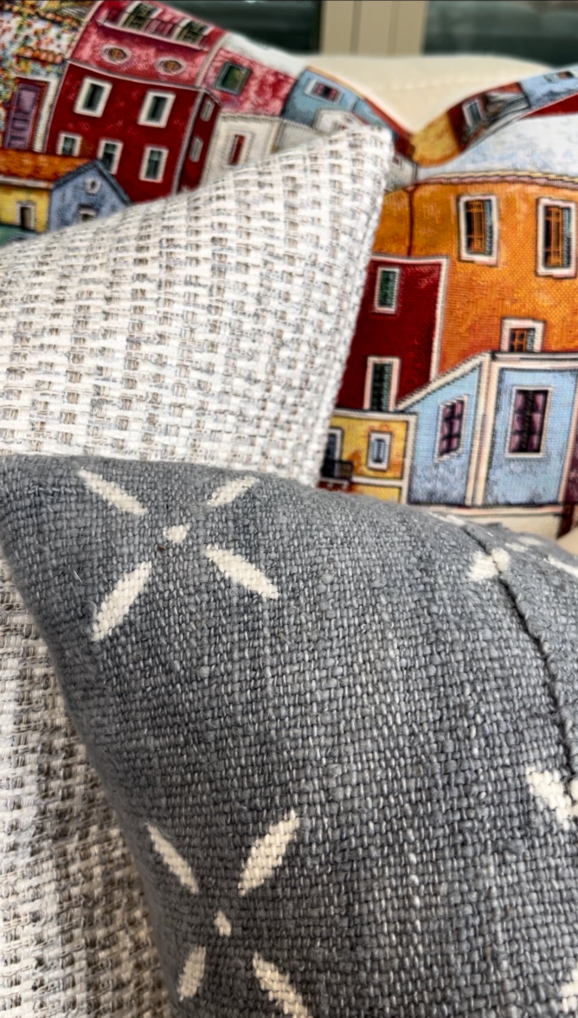 Maya Grey Blue Mudcloth Pillow Cover, Abstract White X Accents