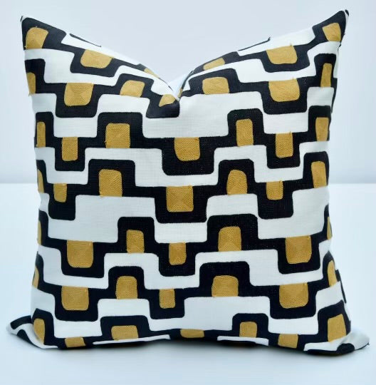 Eliana Black Gold White Embroidered Geometric - Midcentury Modern