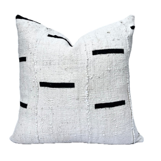 Mina White with Black Dashes African Mud Cloth Pillow Cover, Authentic Malian Mudcloth