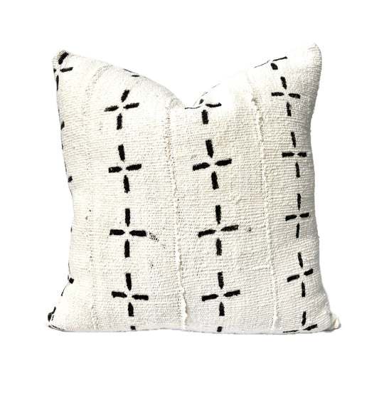Lena White with Black Geometric Accents African Mud Cloth Pillow Cover, Authentic Malian Mudcloth