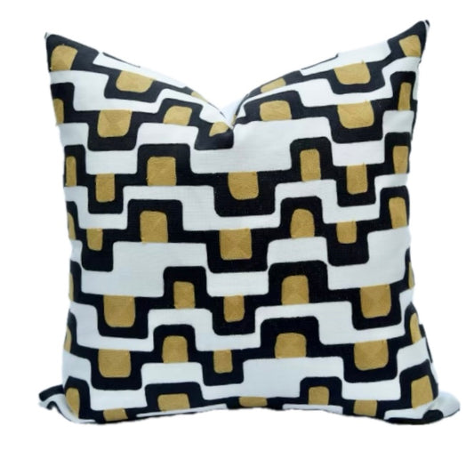 Eliana Black Gold White Embroidered Geometric - Midcentury Modern