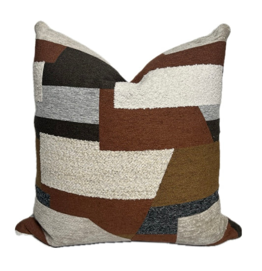 Asher Textured Geometric Pillow Cover in Earthy Shades of Brown, Rust, Gray, Black, Cream