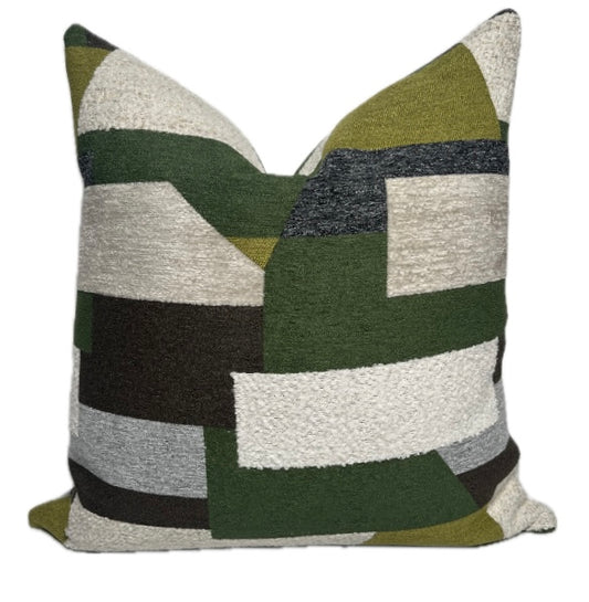 Asher Textured Geometric Pillow Cover in Shades of Green, Brown, Gray, Cream