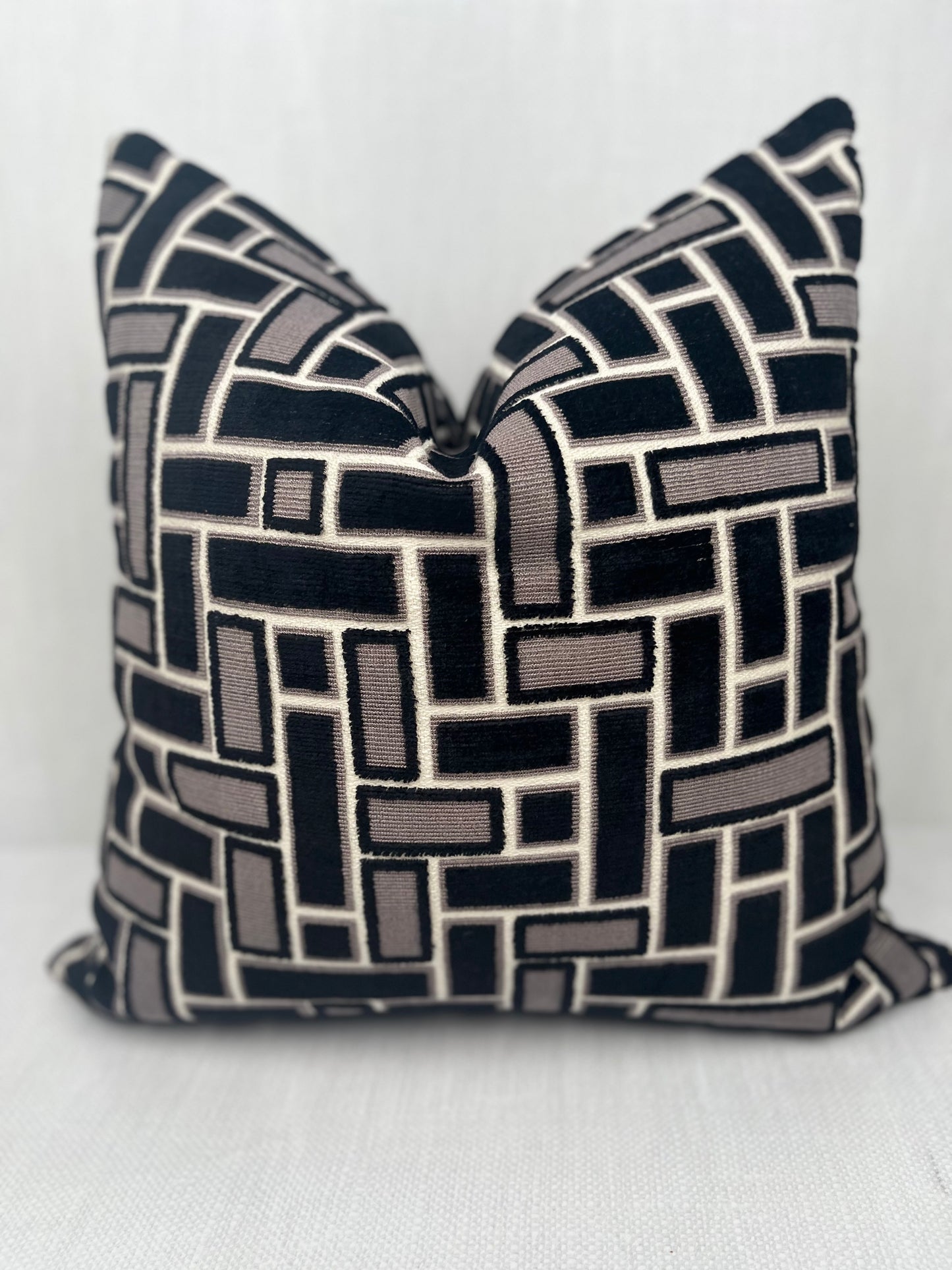 Cinder Black and Gray Geometric Velvet Blocks Pillow Cover