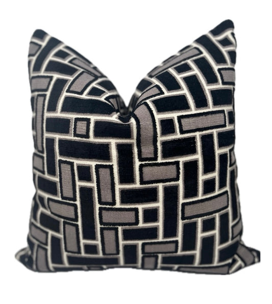 Cinder Black and Gray Geometric Velvet Blocks Pillow Cover