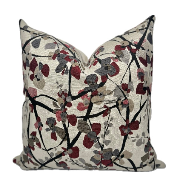 Juliet Decorative Floral Throw Pillow Cover / Modern Botanical / Burgundy Red, Grey, Black, Cream