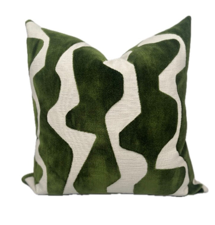 Green Velvet Abstract Pillow Cover - Wavy Pattern