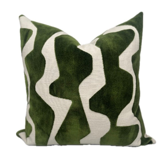 Green Velvet Abstract Pillow Cover - Wavy Pattern