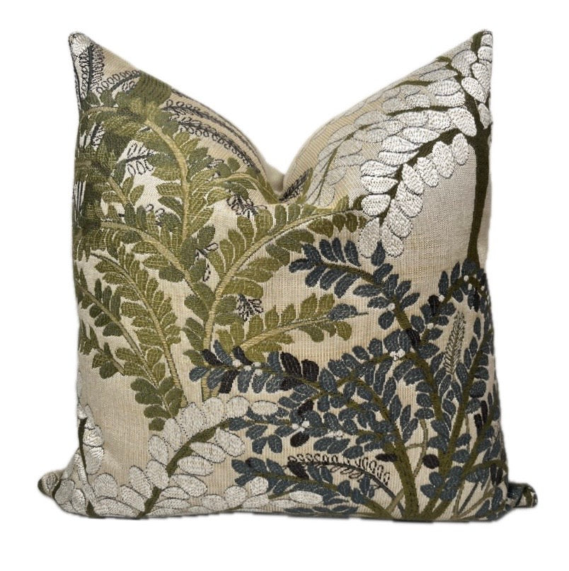 Lillian Botanical Embroidered Pillow Cover, Sage Green, Olive & Slate Blue Tree Throw Cushion