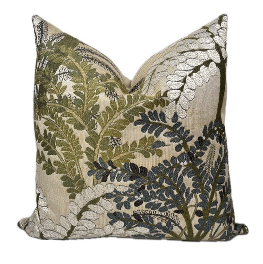 Lillian Botanical Embroidered Pillow Cover, Sage Green, Olive & Slate Blue Tree Throw Cushion (Copy)
