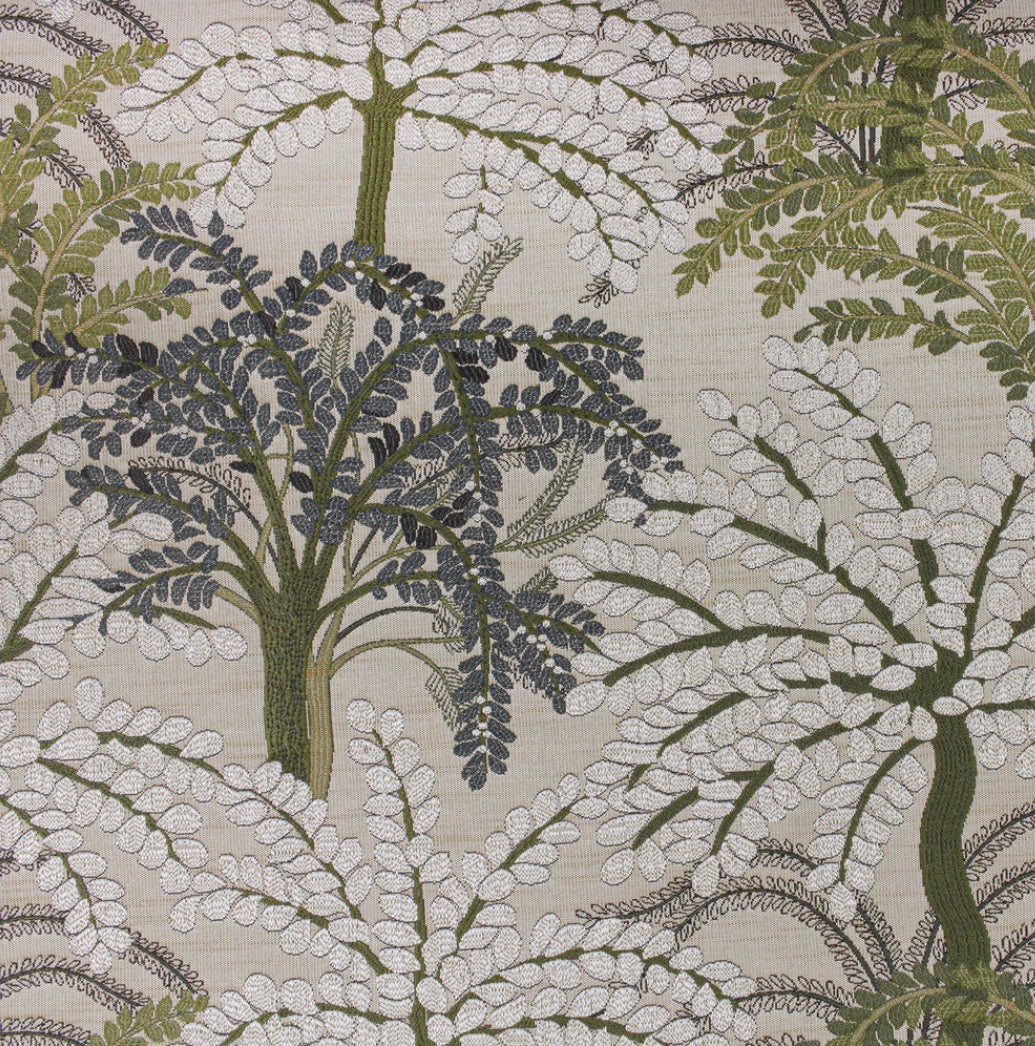 Lillian Botanical Embroidered Pillow Cover, Sage Green, Olive & Slate Blue Tree Throw Cushion