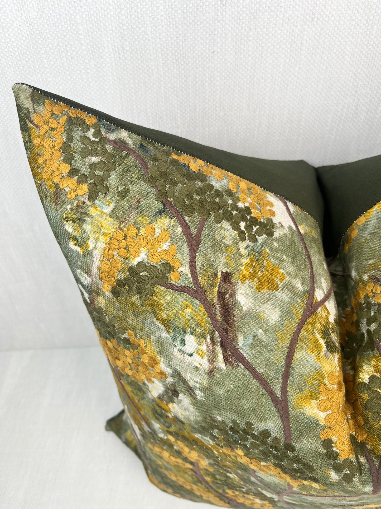 Silas Olive Green Embroidered Trees Botanical Pillow Cover