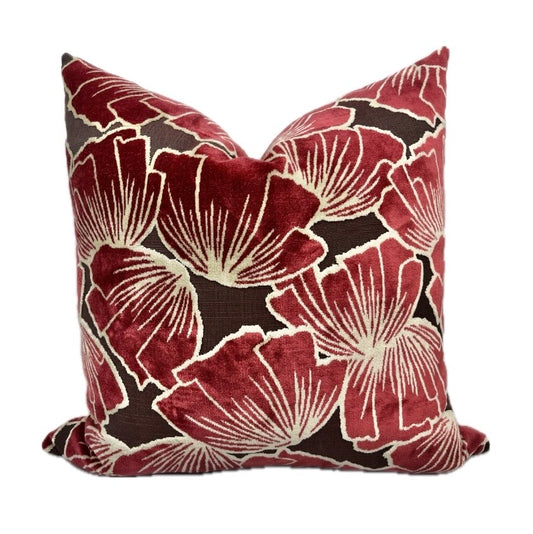 Sylvia Burgundy Floral Velvet Pillow Cover - Art Deco Botanical