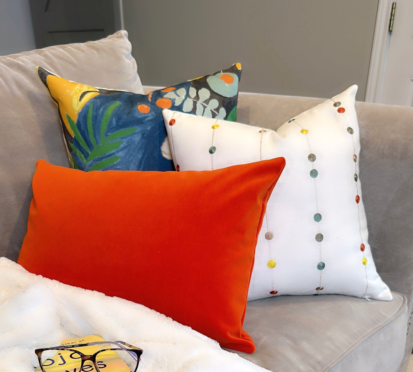 Kenley White Decorative Pillow Cover with Colorful Embroidered Stripes and Dots